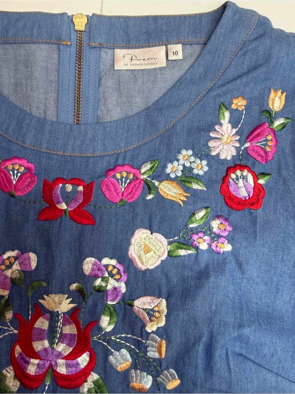 Poem by Oliver Bonas floral embroidered chambray denim shift dress size 10 - Picture 6 of 12